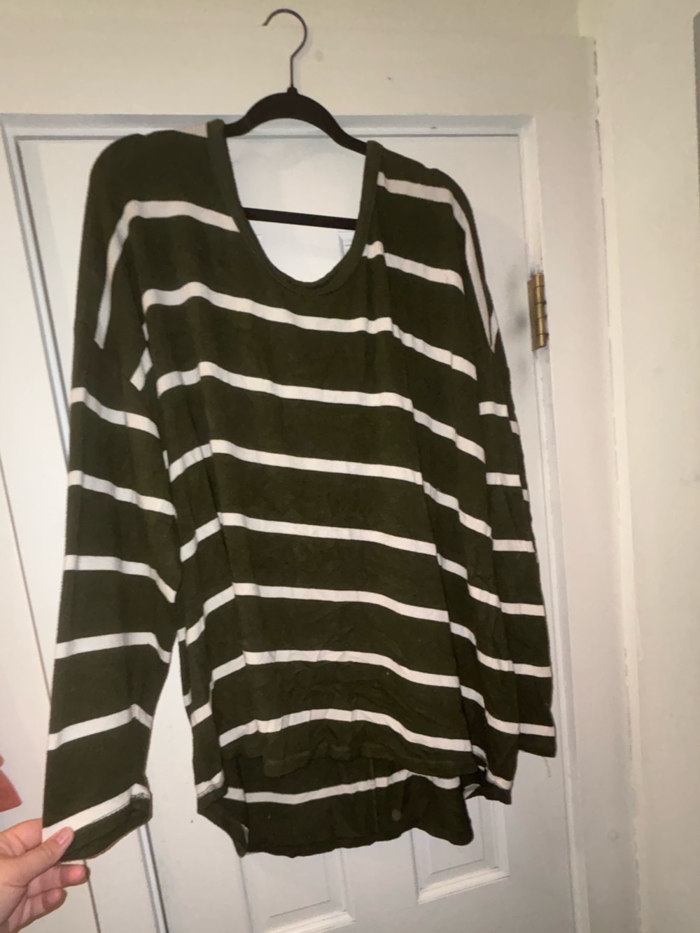 Striped Olive Green & White Long Sleeve Scoop Neck Top